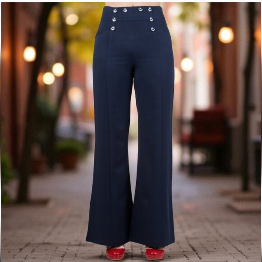 High-Rise Navy Wide-Leg Trousers with Decorative Buttons